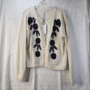 Chelsea & Theodore Women Sweater Black Flowers Embroidered Size L Button Up